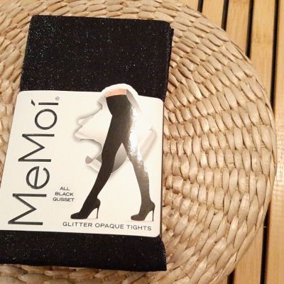 MeMoi Black / Silver GLITTER OPAQUE TIGHTS All Black Gusset M/L New